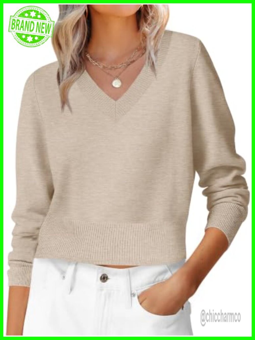 Women's Long Sleeve V Neck Cropped Sweater Pullover Knit Top